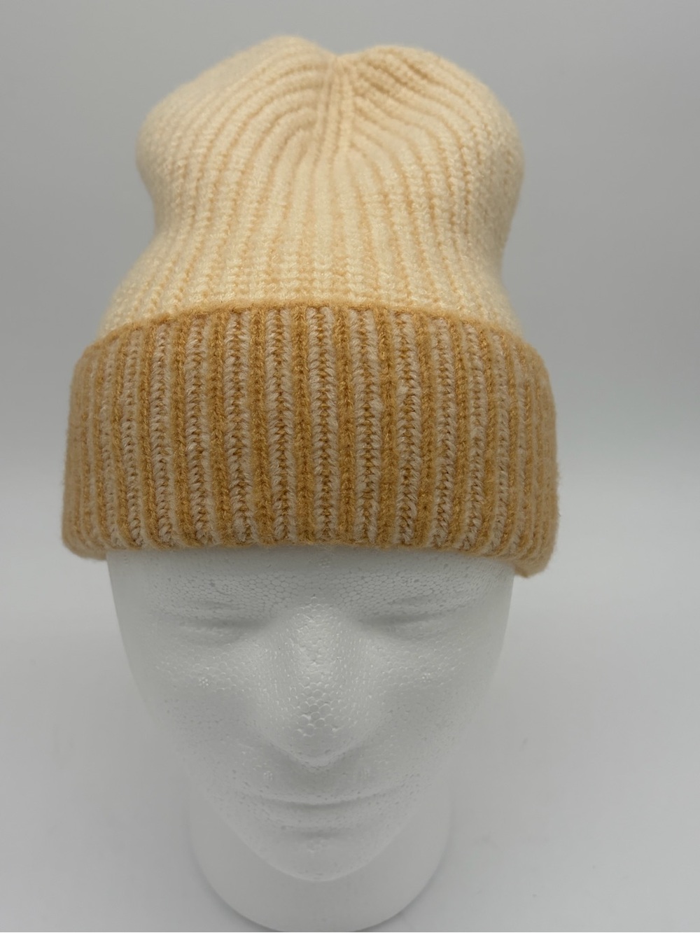 Anthropologie Two-Tone Cream and Tan Ribbed Knit Beanie
